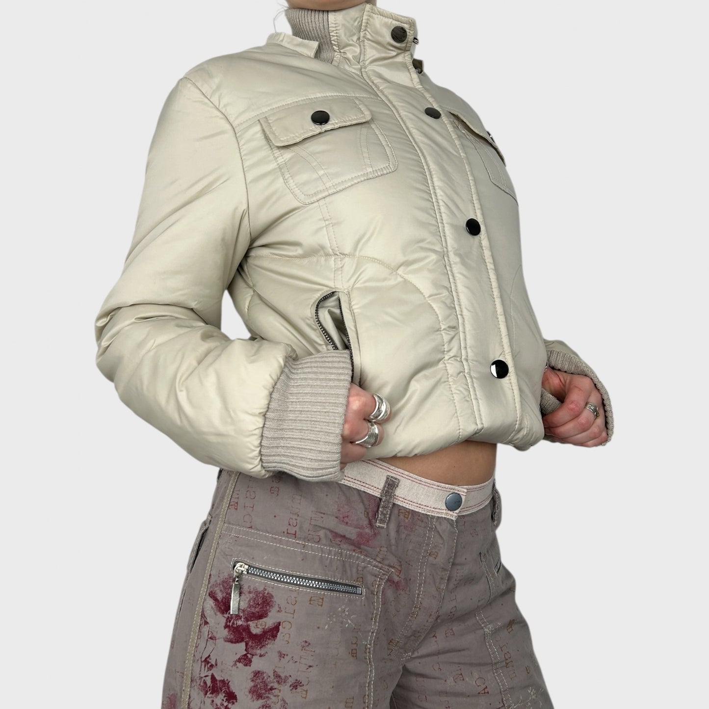 Vintage Cream Zip-Up Bomber Jacket - M