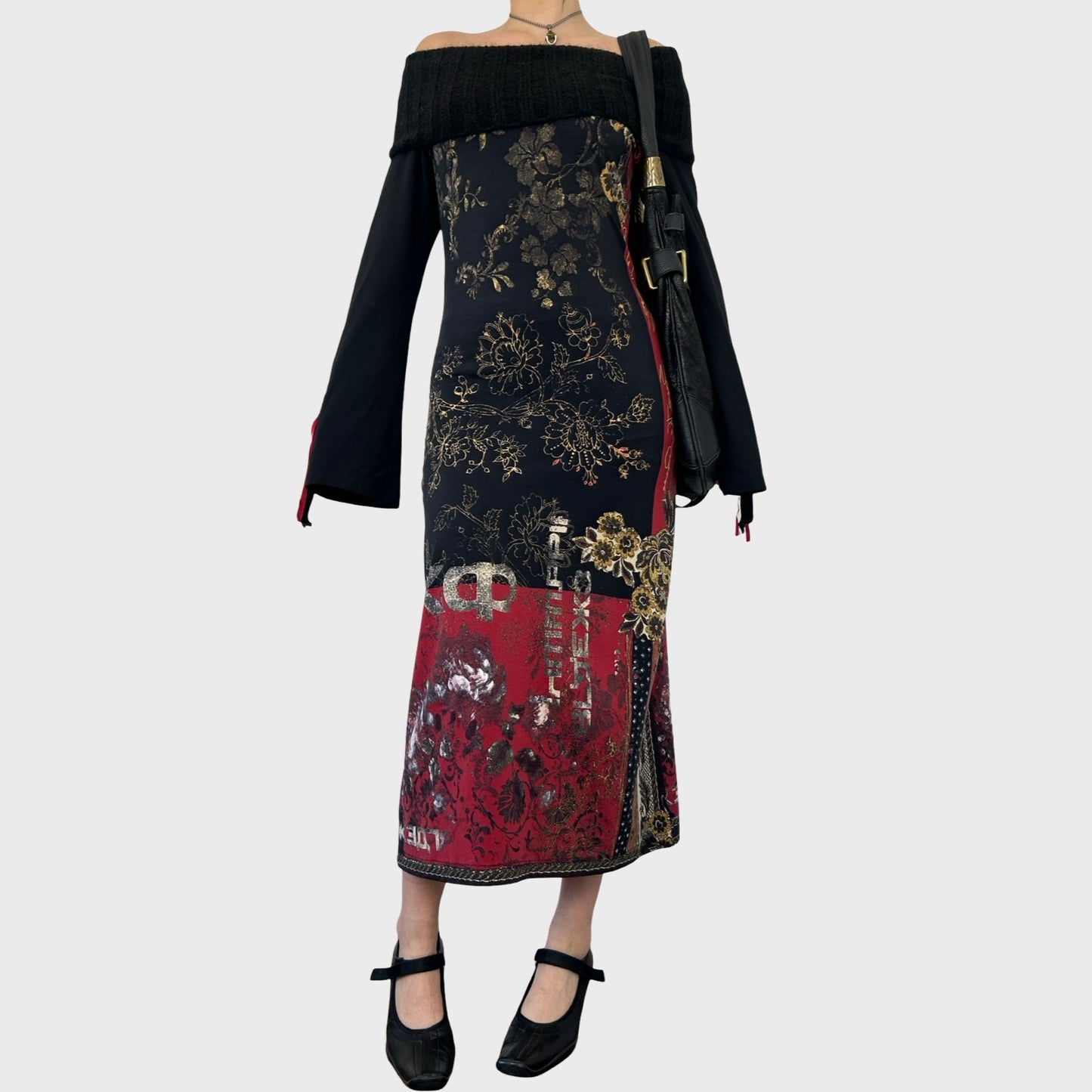 Rare 90s Archive Save The Queen Graphic Off-The-Shoulder Midi Dress - M