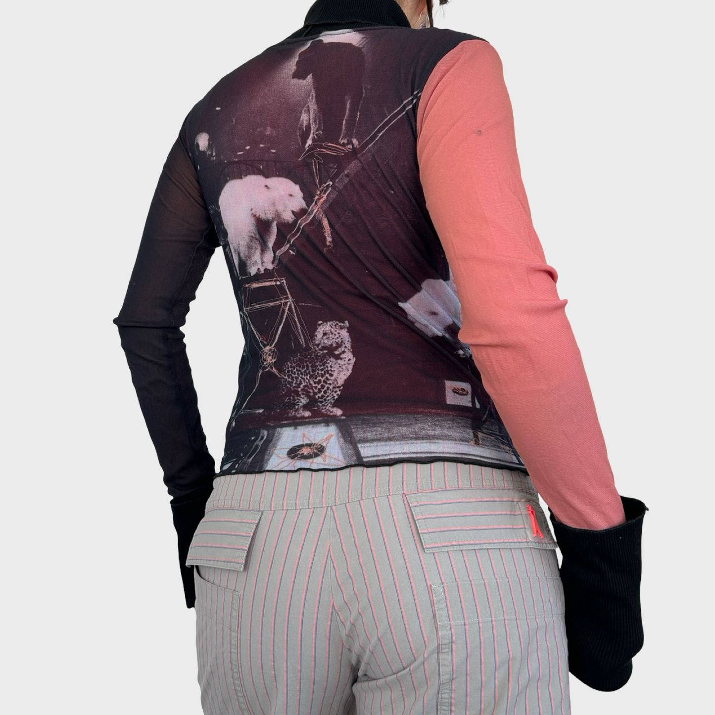 Rare Cop Copine Avant-Garde Clown Print Mesh Turtleneck Top - M