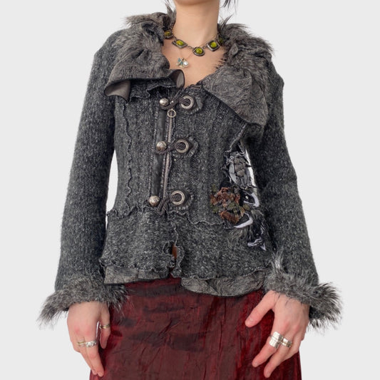 Whimsical goth grey faux fur collar knit cardigan