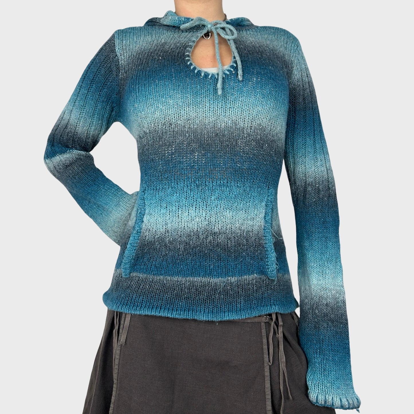 Blue Striped Knit Hoodie - S