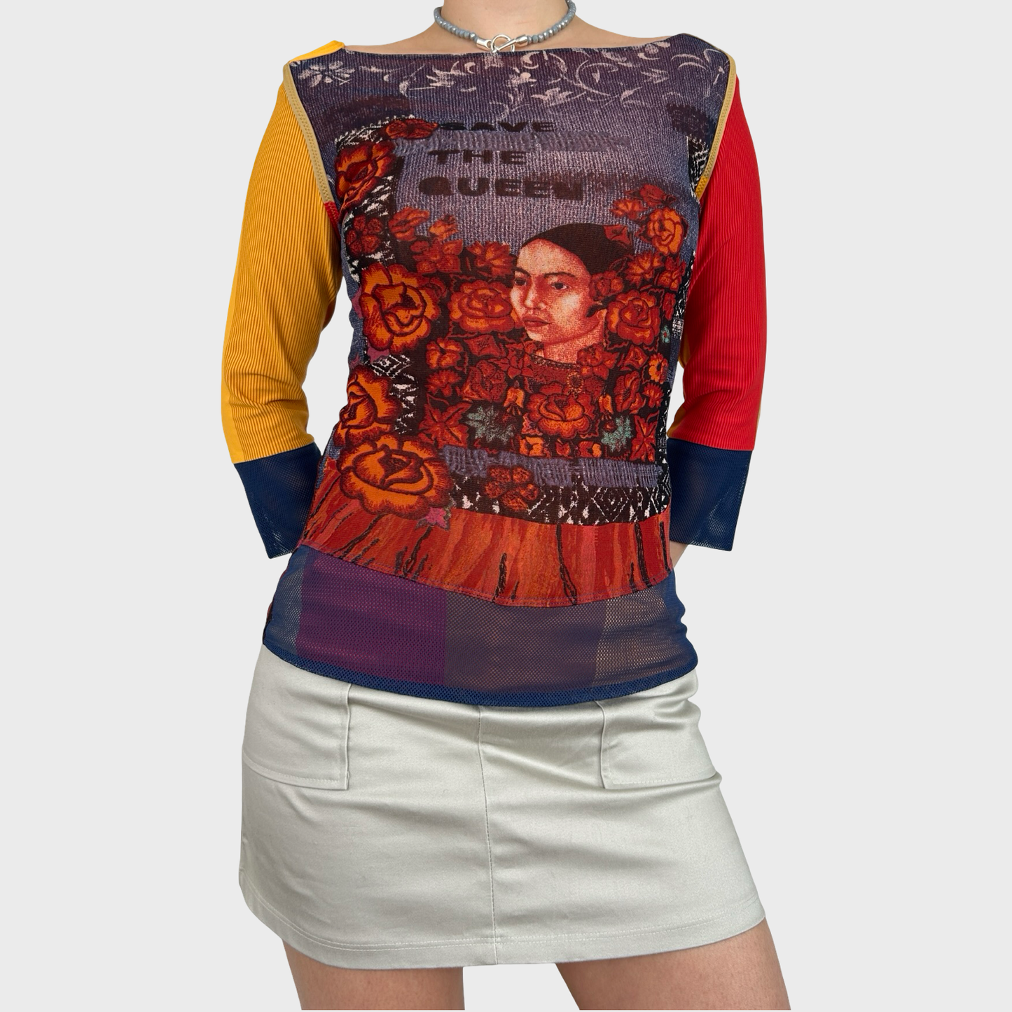 Save the Queen Graphic Face Print Mesh Top - S/M