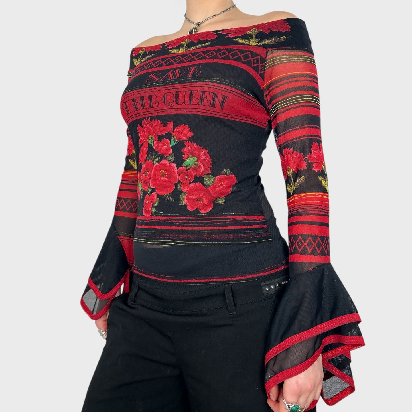 Save The Queen Rose Mesh Long Sleeve Top - M