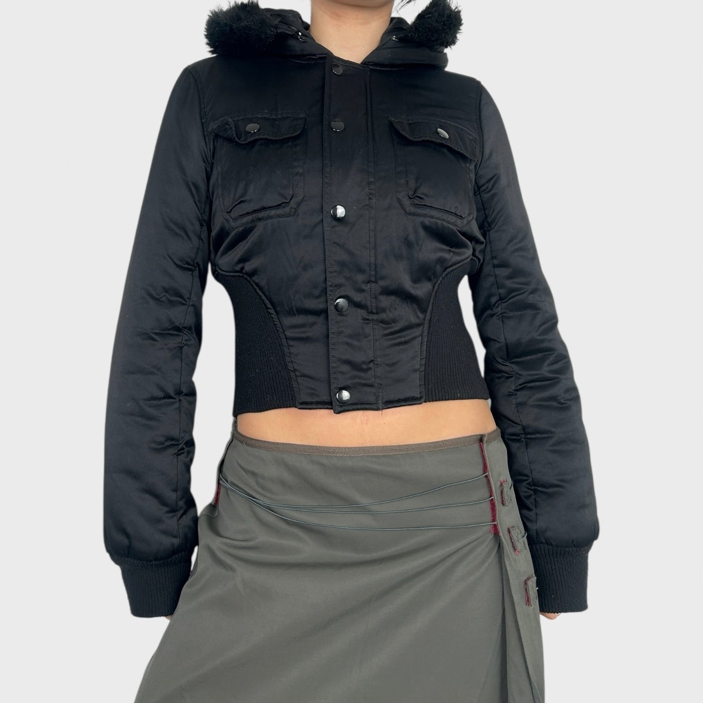 Black Jennyfer Cropped Faux Fur Trim Bomber Jacket - S