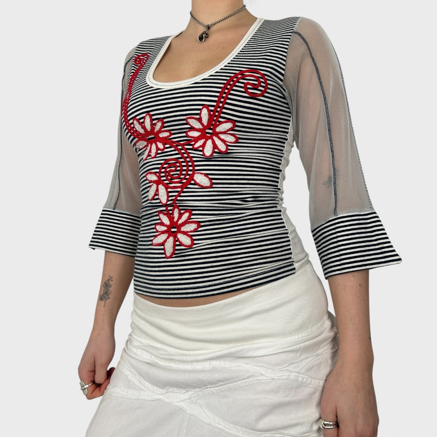 Save The Queen Bi-Material Graphic Stripe Top - S