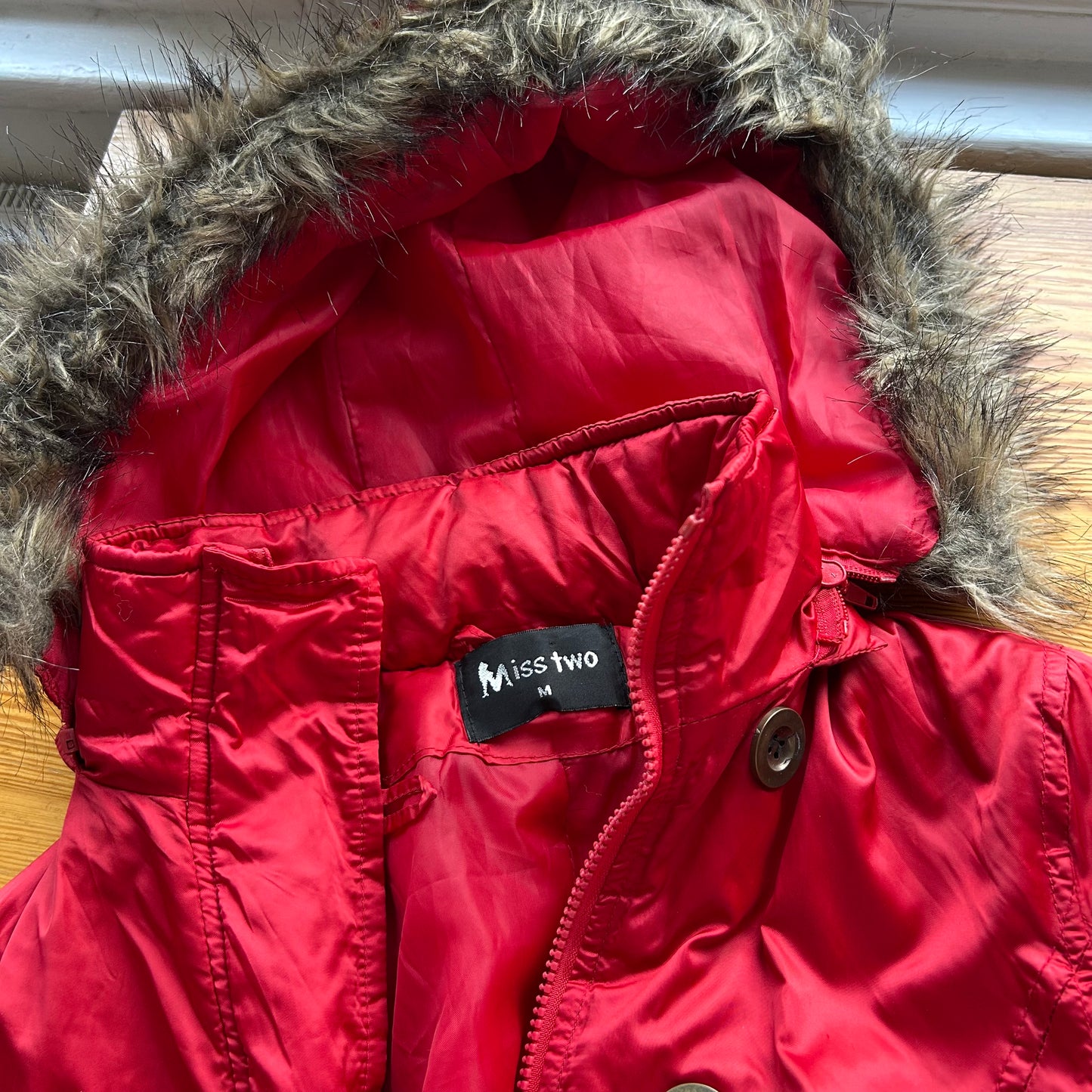 Red Cropped Bomber Jacket with Faux Fur Hood - S