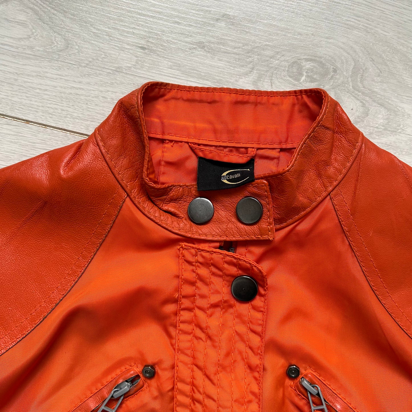 Roberto Cavalli orange tech moto jacket