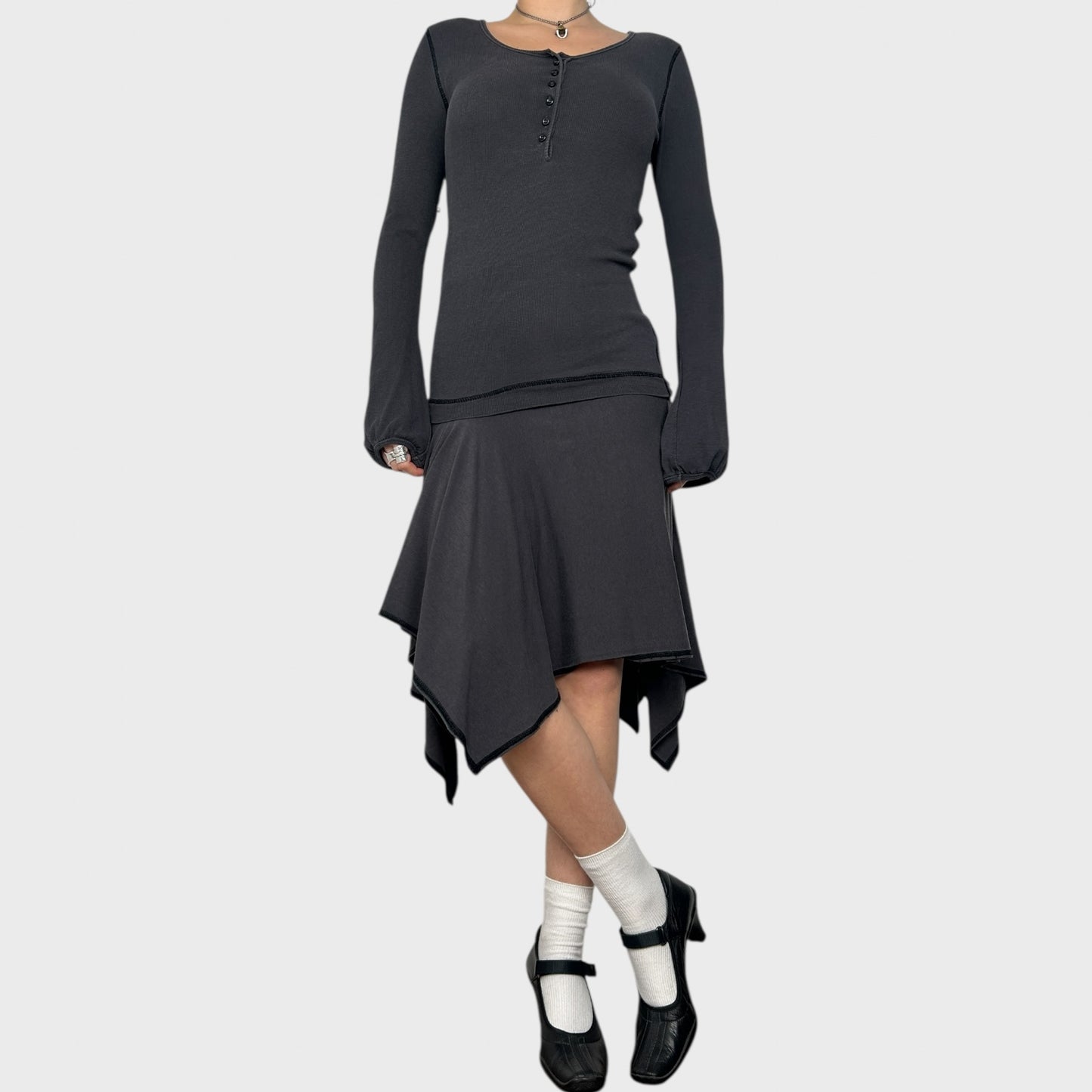 Cop Copine Grey Drop Waist Midi Dress - M
