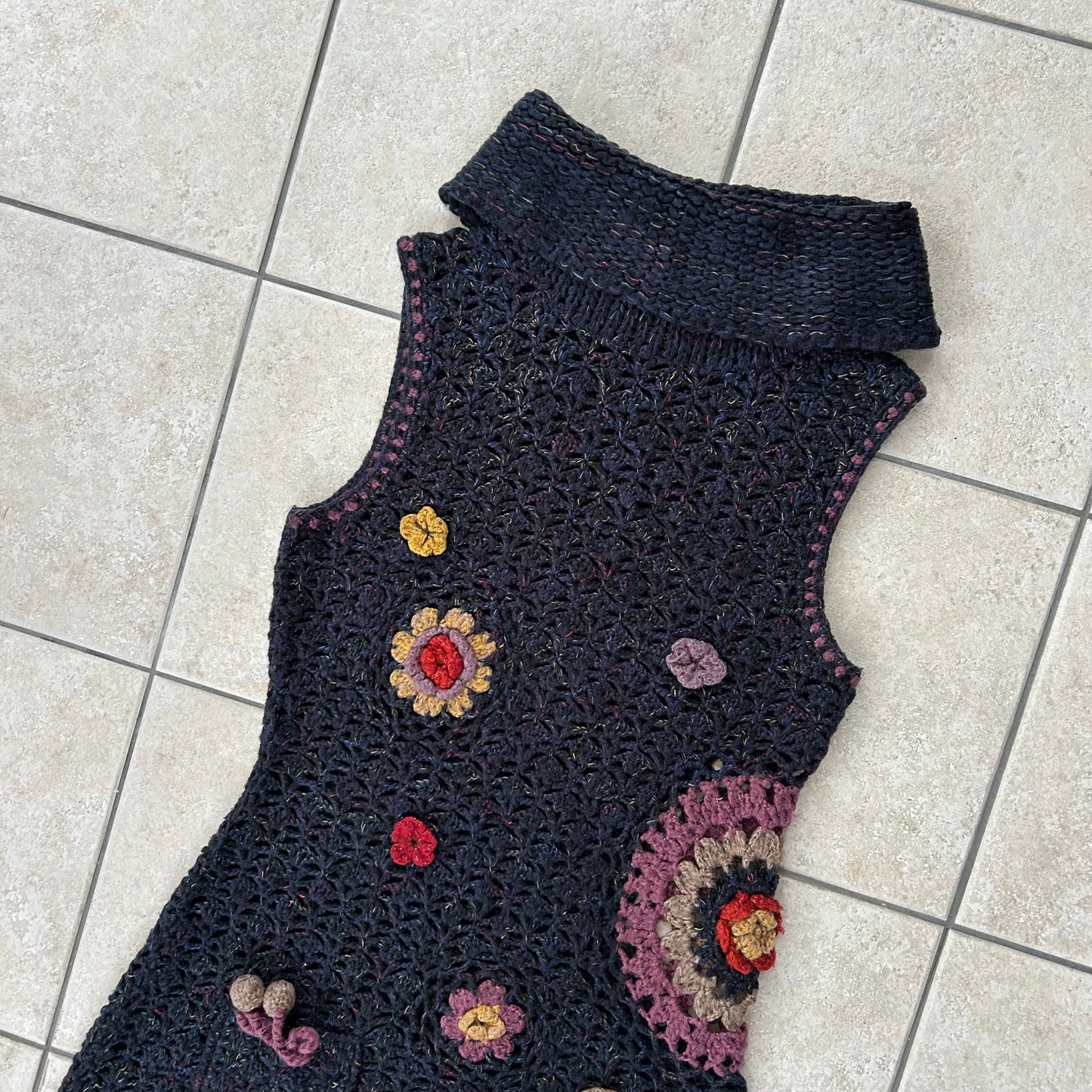 Vintage Chunky Knit Floral Crochet Mini Dress