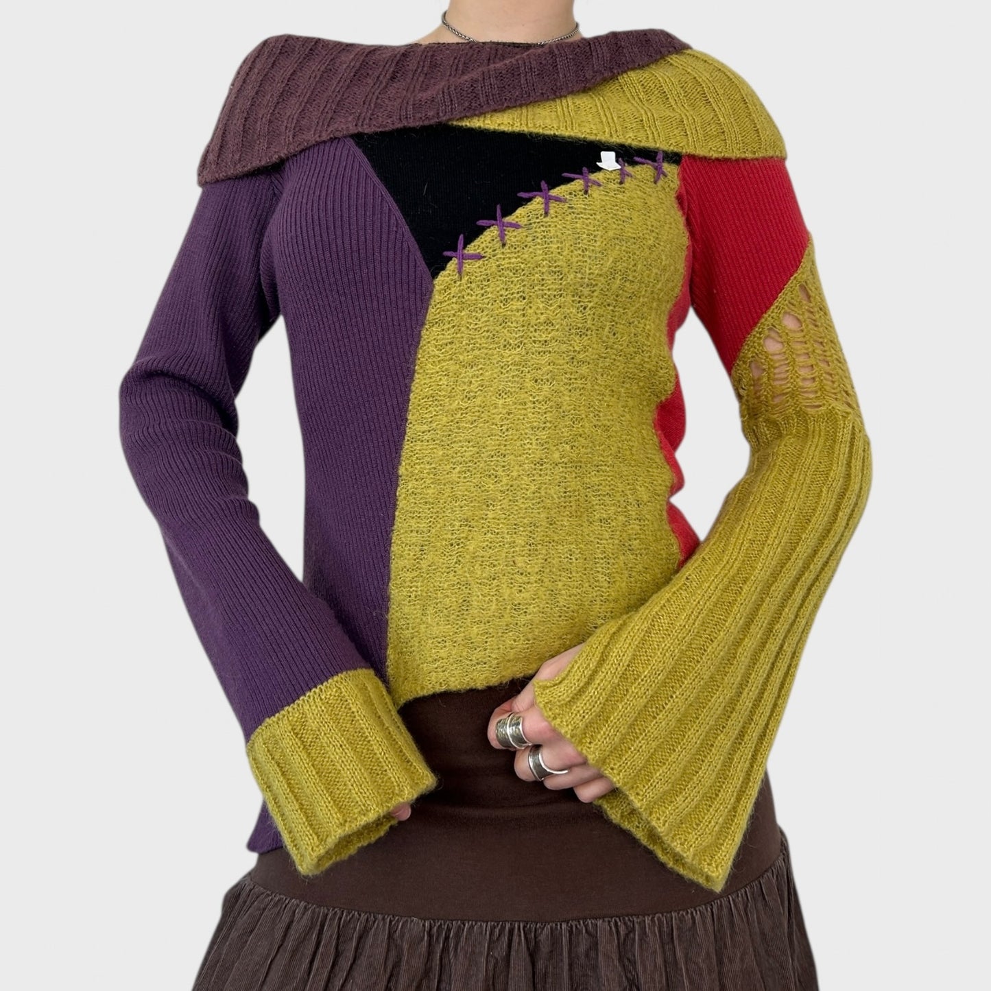 Save the Queen Block Colour Wide Neck Knit Jumper - M/L