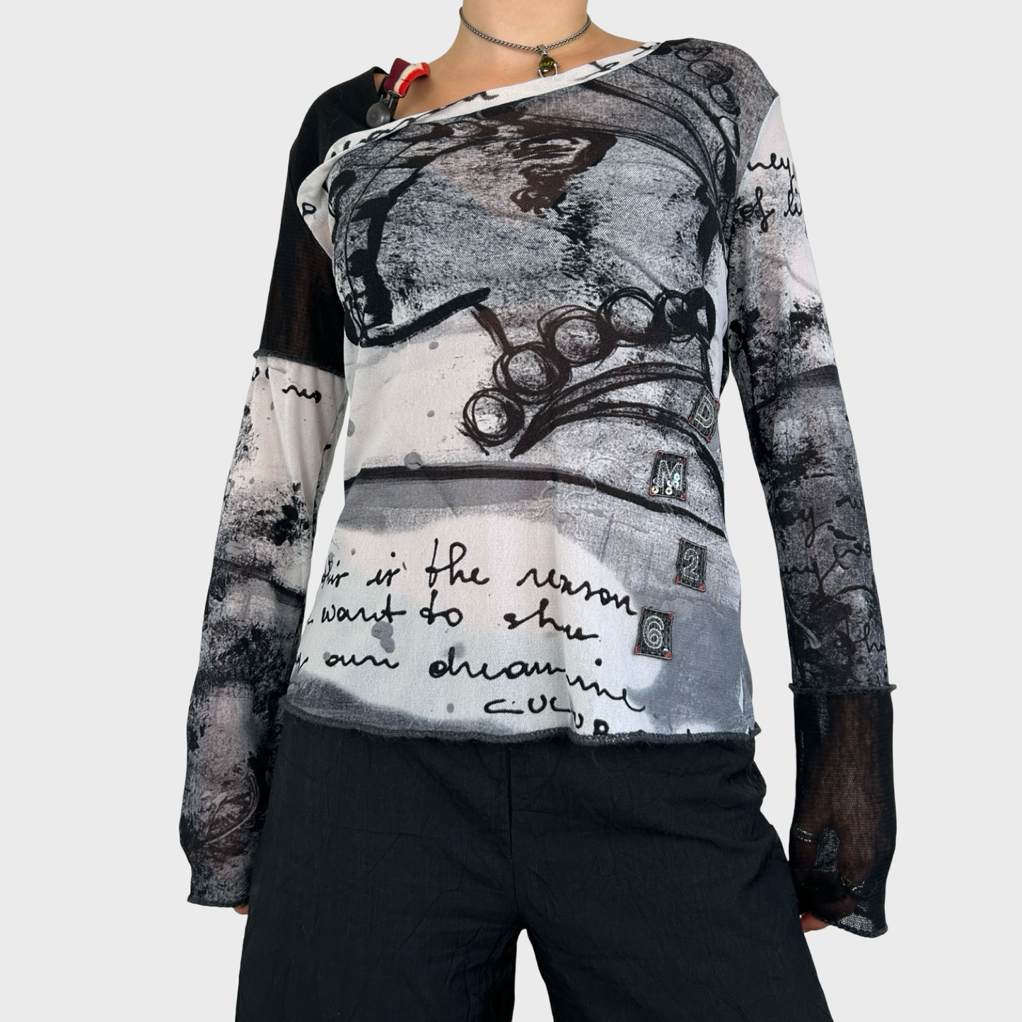 Vintage Graphic Print Long Sleeve Mesh Top - L/XL