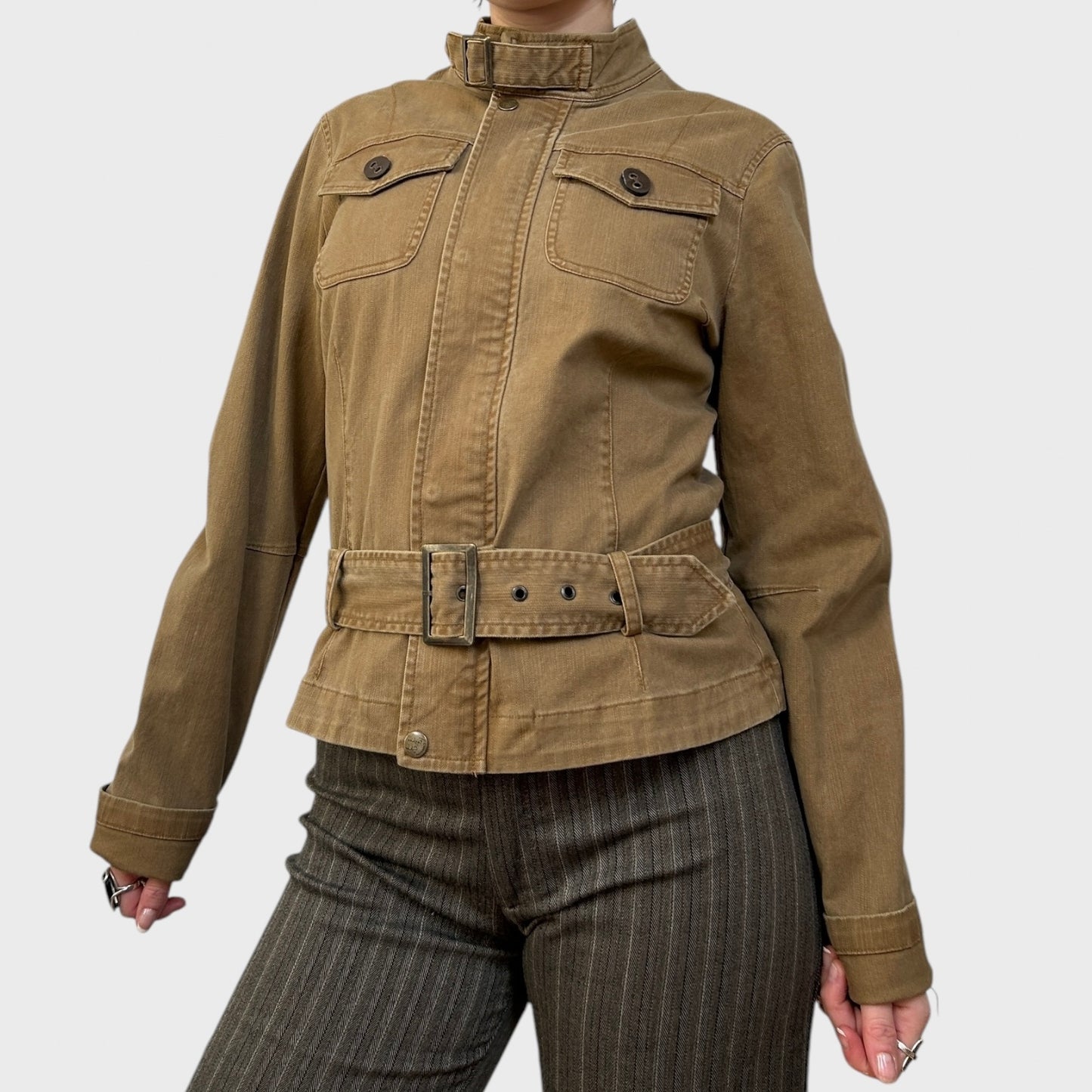Tan Zip-Up Jacket with Buckle Details
