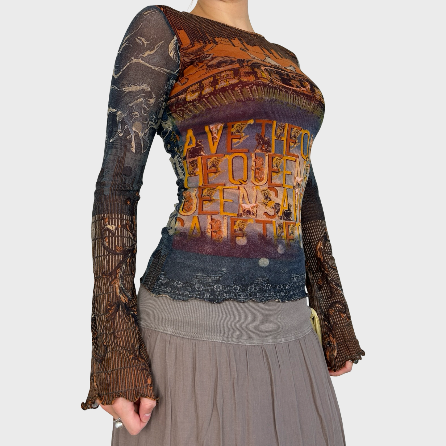 Save The Queen Graphic Mesh Long Sleeve Top - S