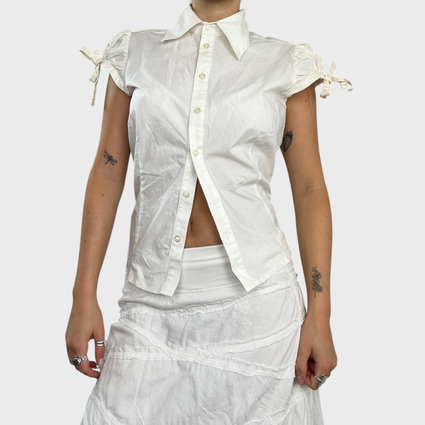 White Short Sleeve Blouse with Tie Sides - M/L