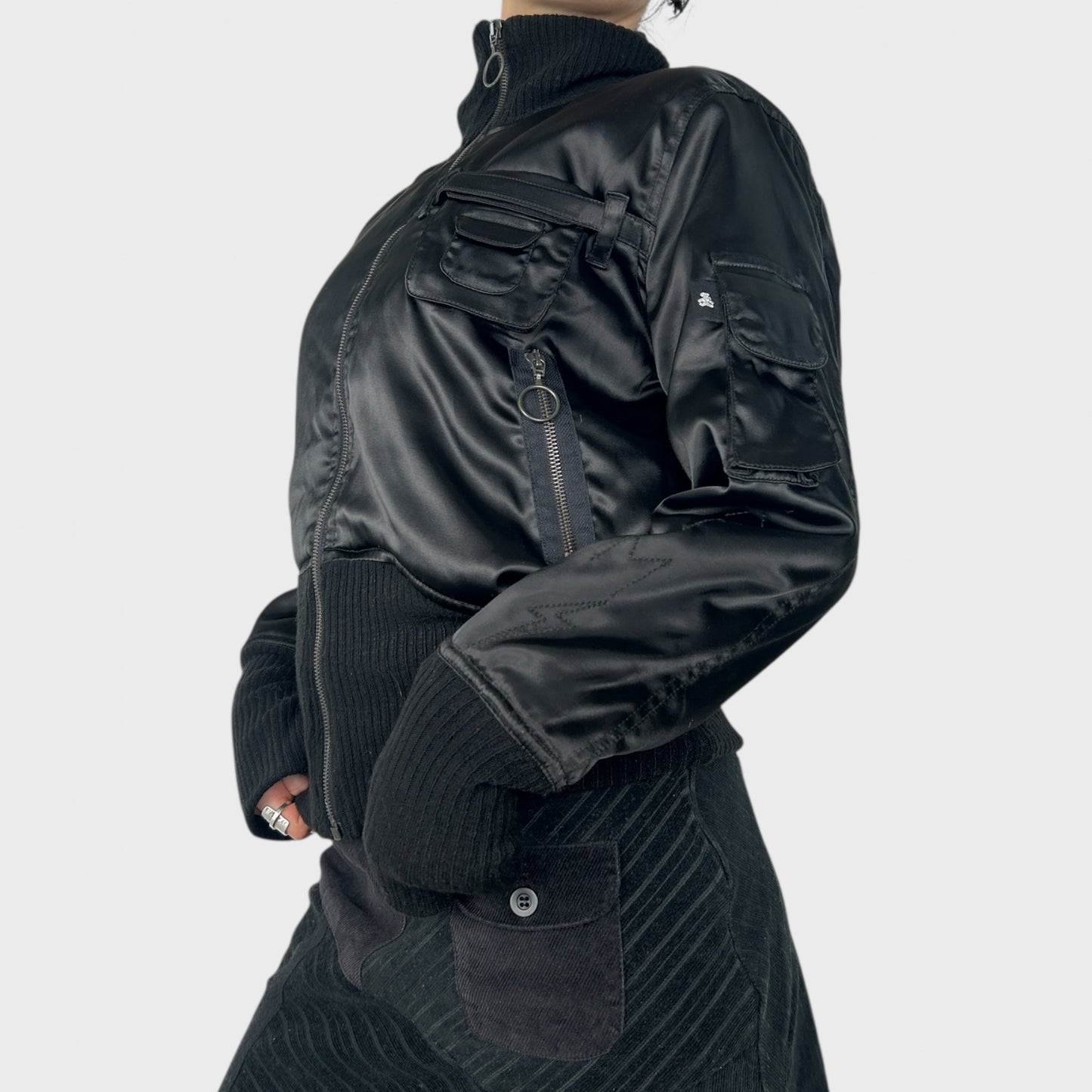 Black Satin-Look Bomber Jacket - L