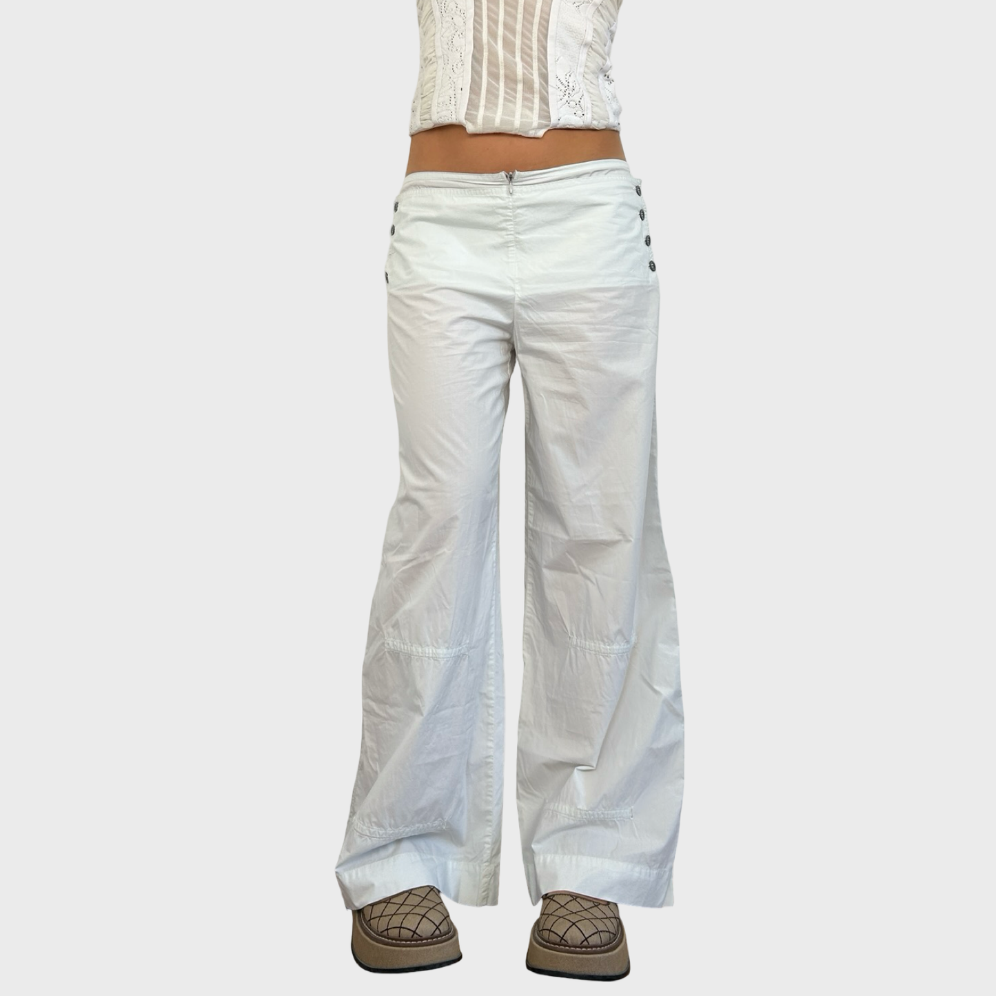 Cop Copine White Button Wide Leg Summer Trousers - M-L