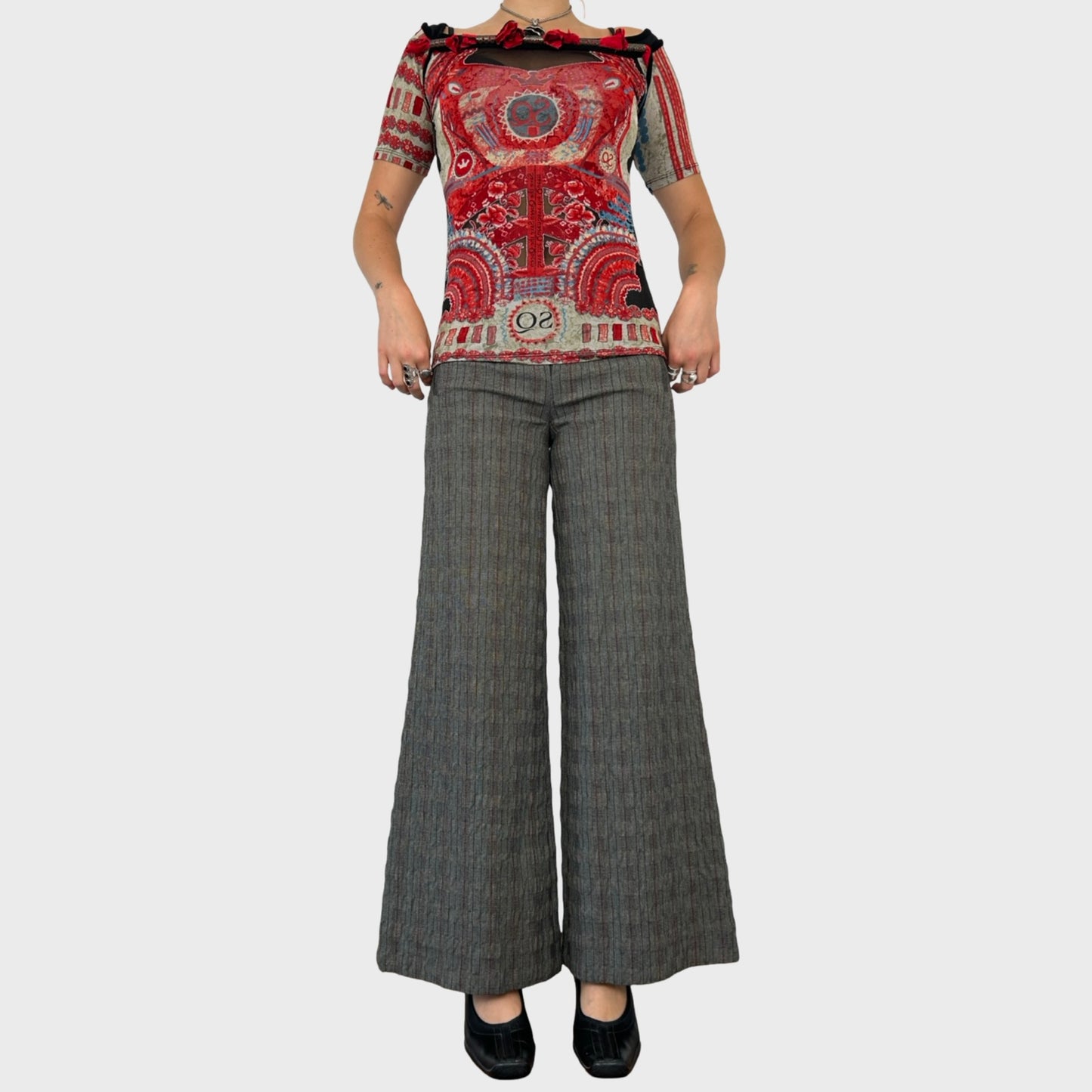 Cop Copine Grey Pinstripe Wide Leg Trousers - S