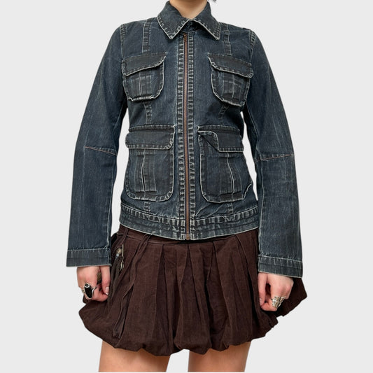 Denim Zip-Up Distressed Collared Jacket
