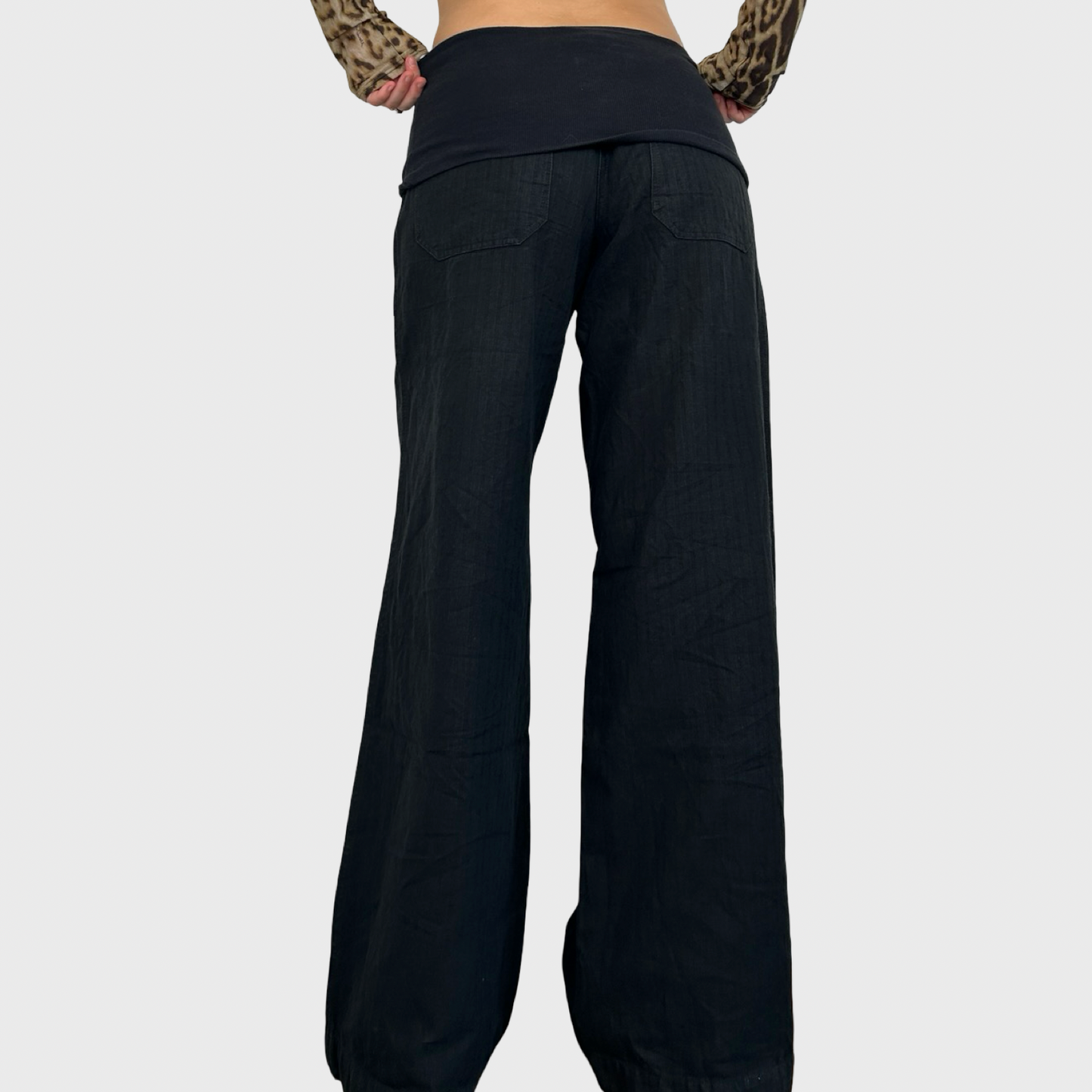Cop Copine Black Foldover Waist Wide Leg Trousers - L