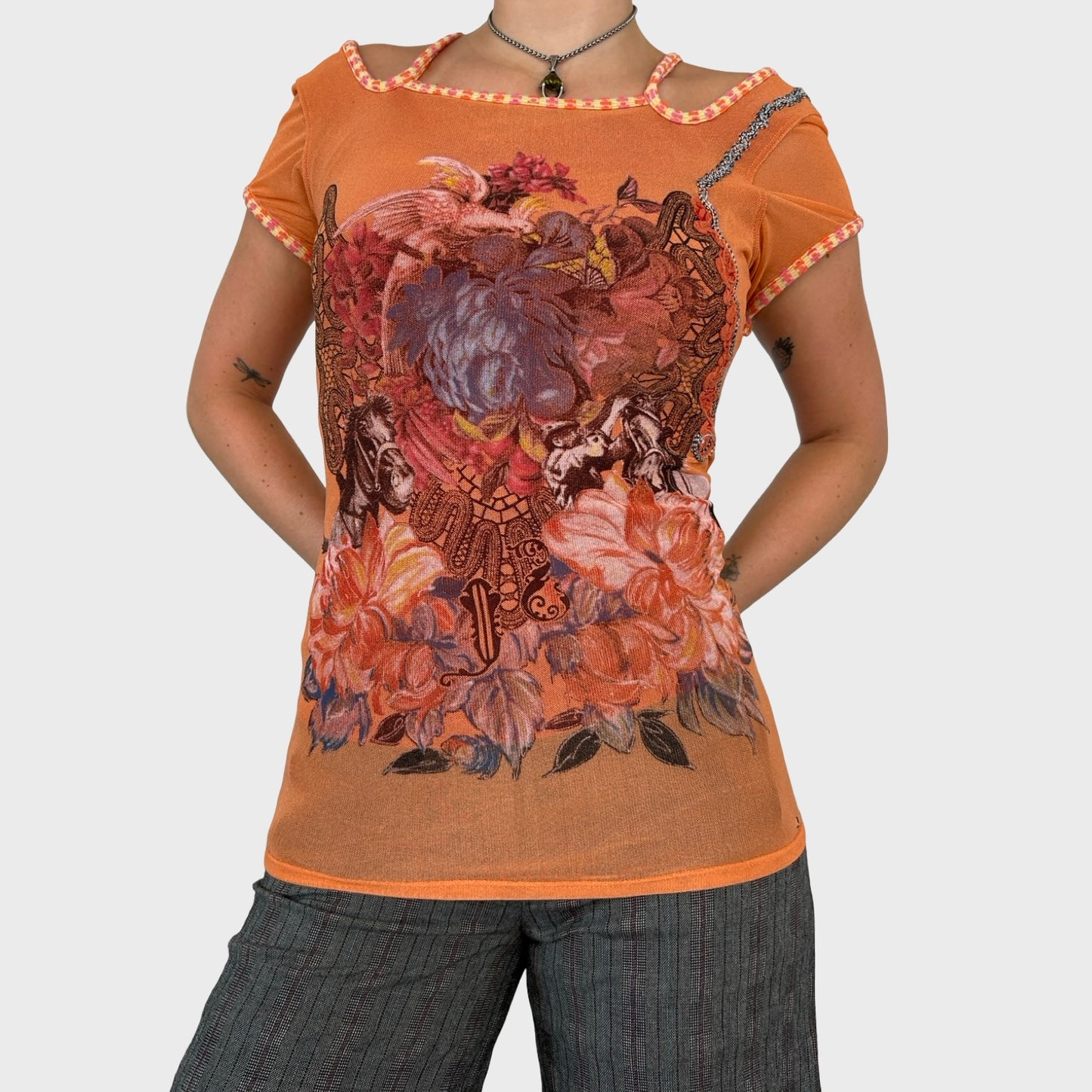 Save The Queen Orange Graphic Floral Mesh Top - M