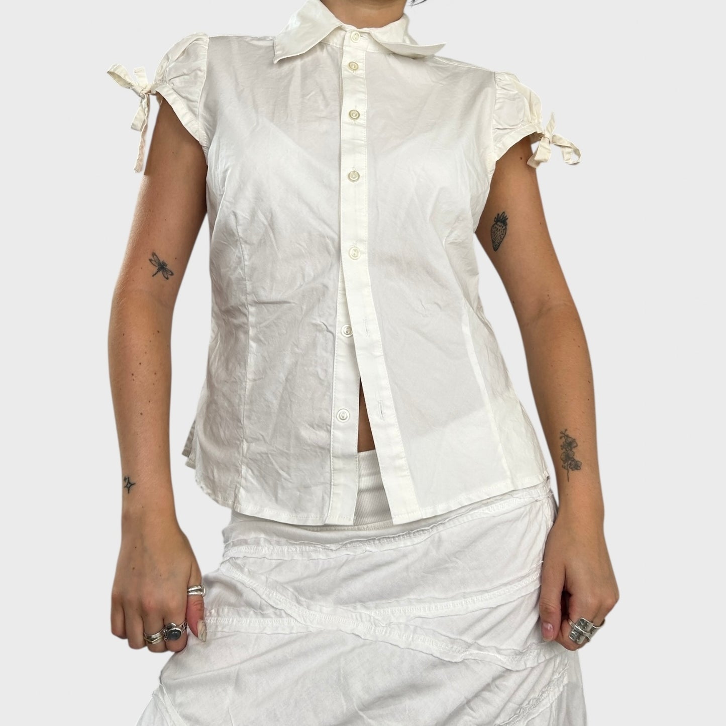 White Short Sleeve Blouse with Tie Sides - M/L