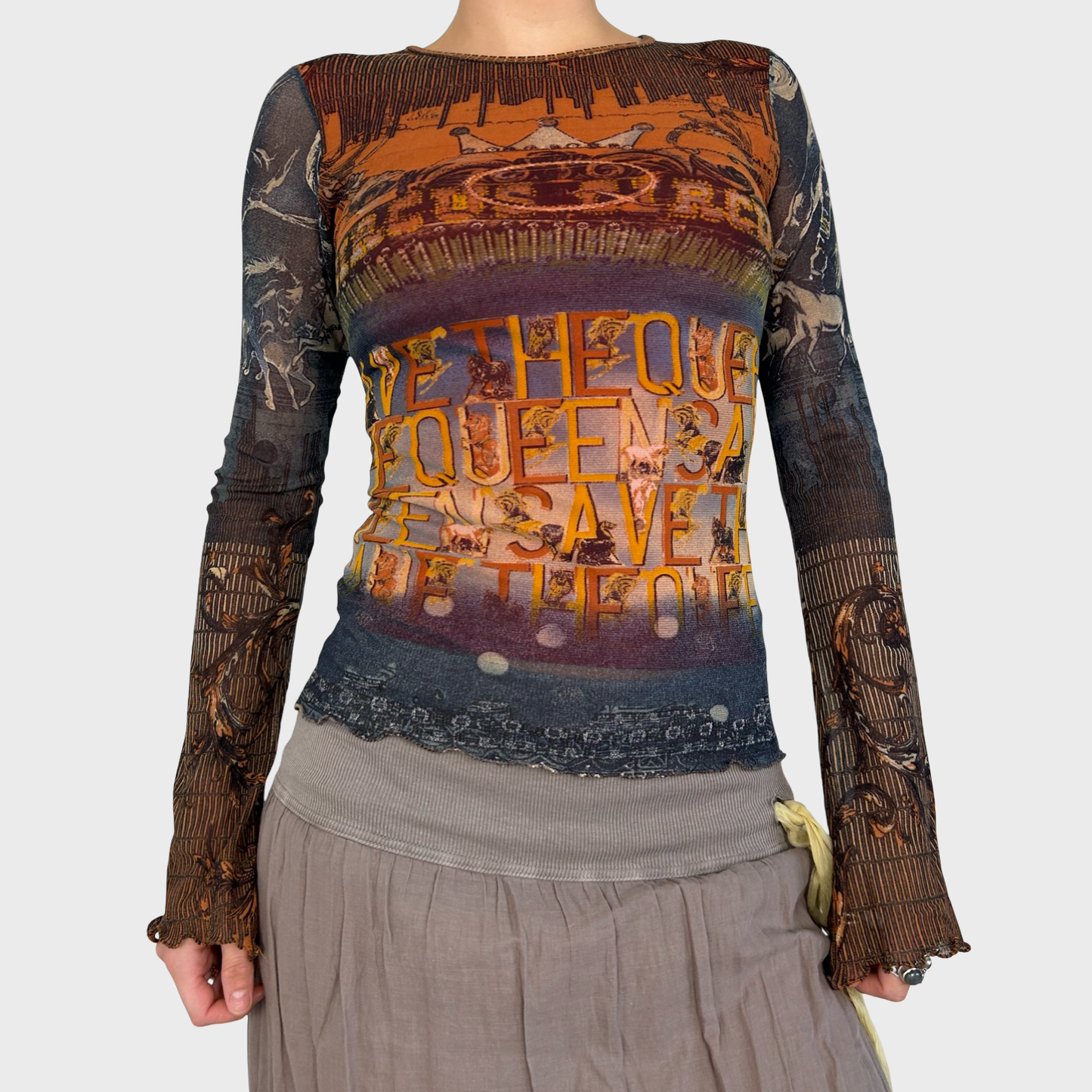 Save The Queen Graphic Mesh Long Sleeve Top - S