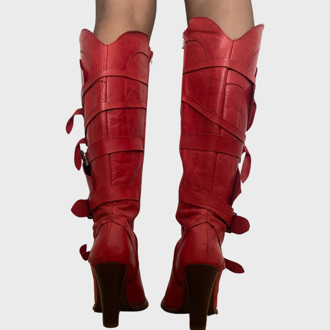 Destroy red leather buckle boots