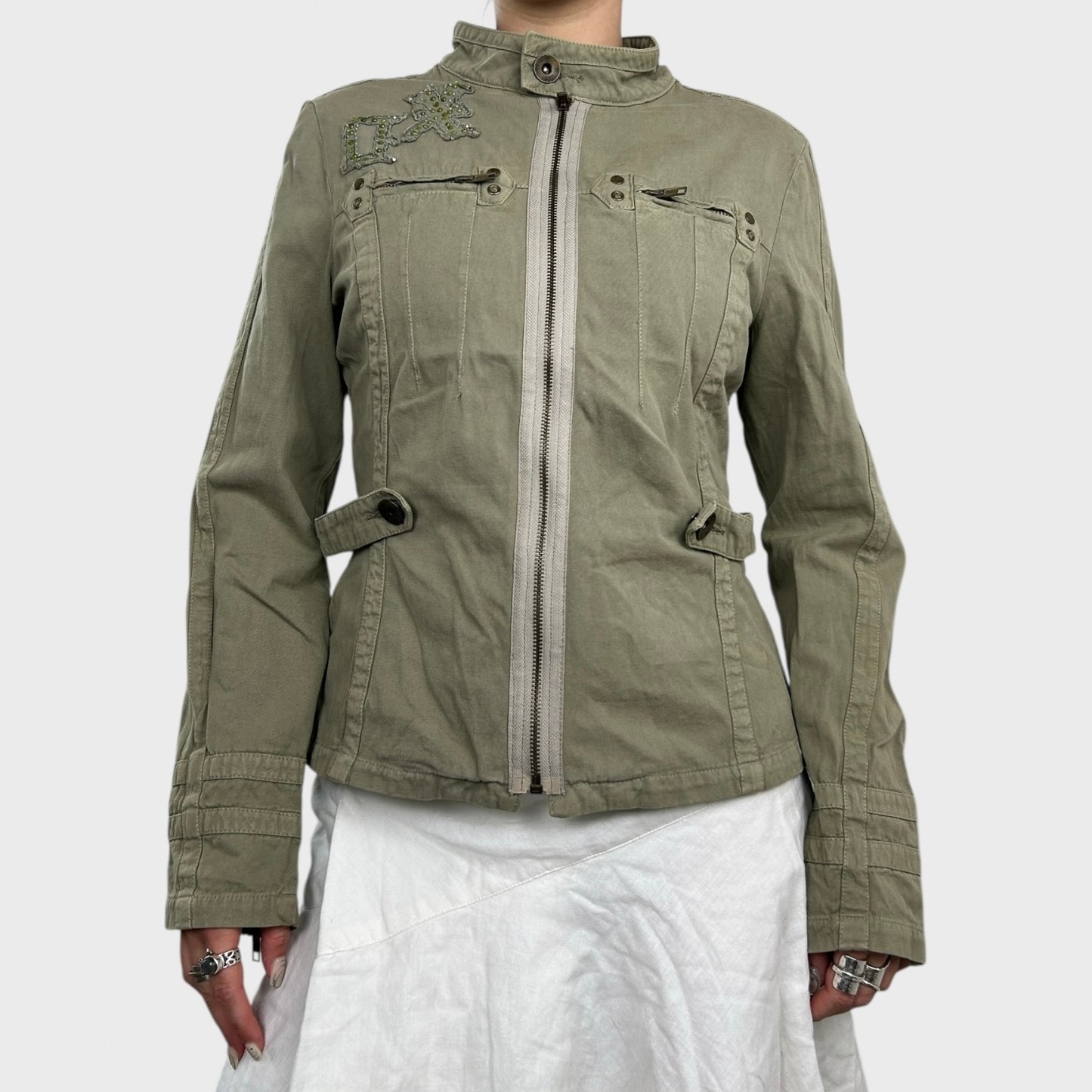 Khaki Utility-Style Zip-Up Jacket - M