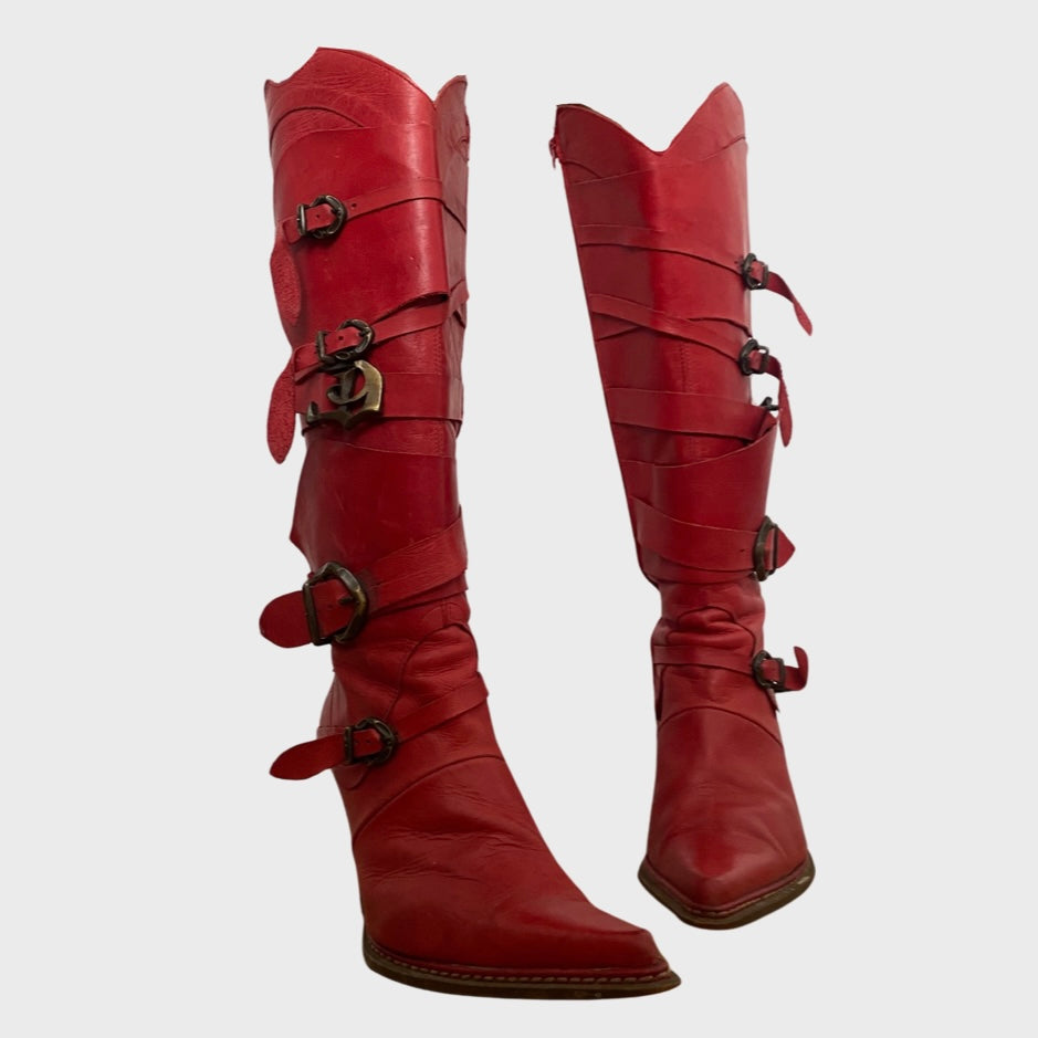 Destroy red leather buckle boots