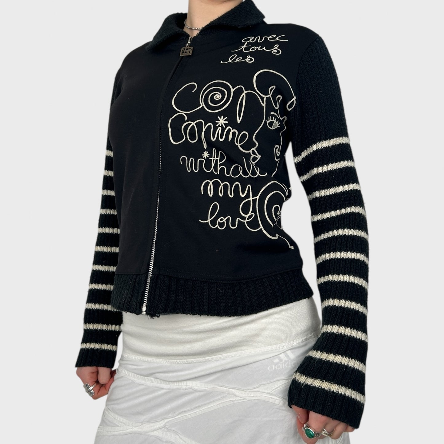 Cop Copine Graphic Striped Zip Up Jumper - M