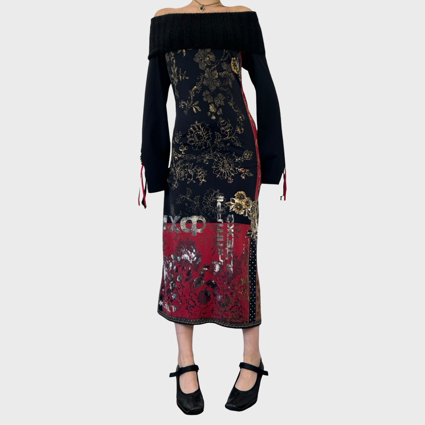 Rare 90s Archive Save The Queen Graphic Off-The-Shoulder Midi Dress - M
