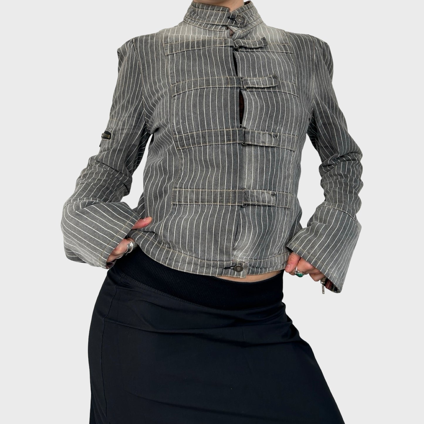Vintage Grey Faded Striped Denim Jacket - M