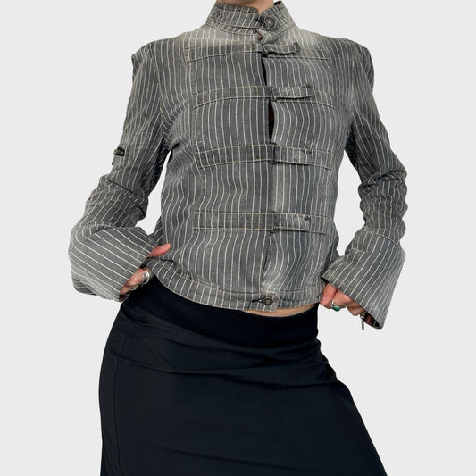 Vintage Grey Faded Striped Denim Jacket - M