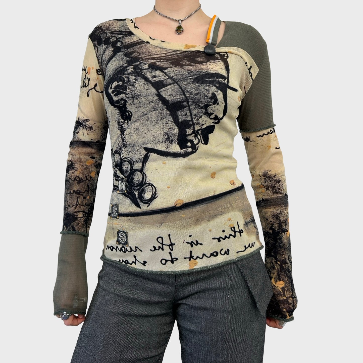 Vintage Graphic Face Print Mesh Long Sleeve - S/M