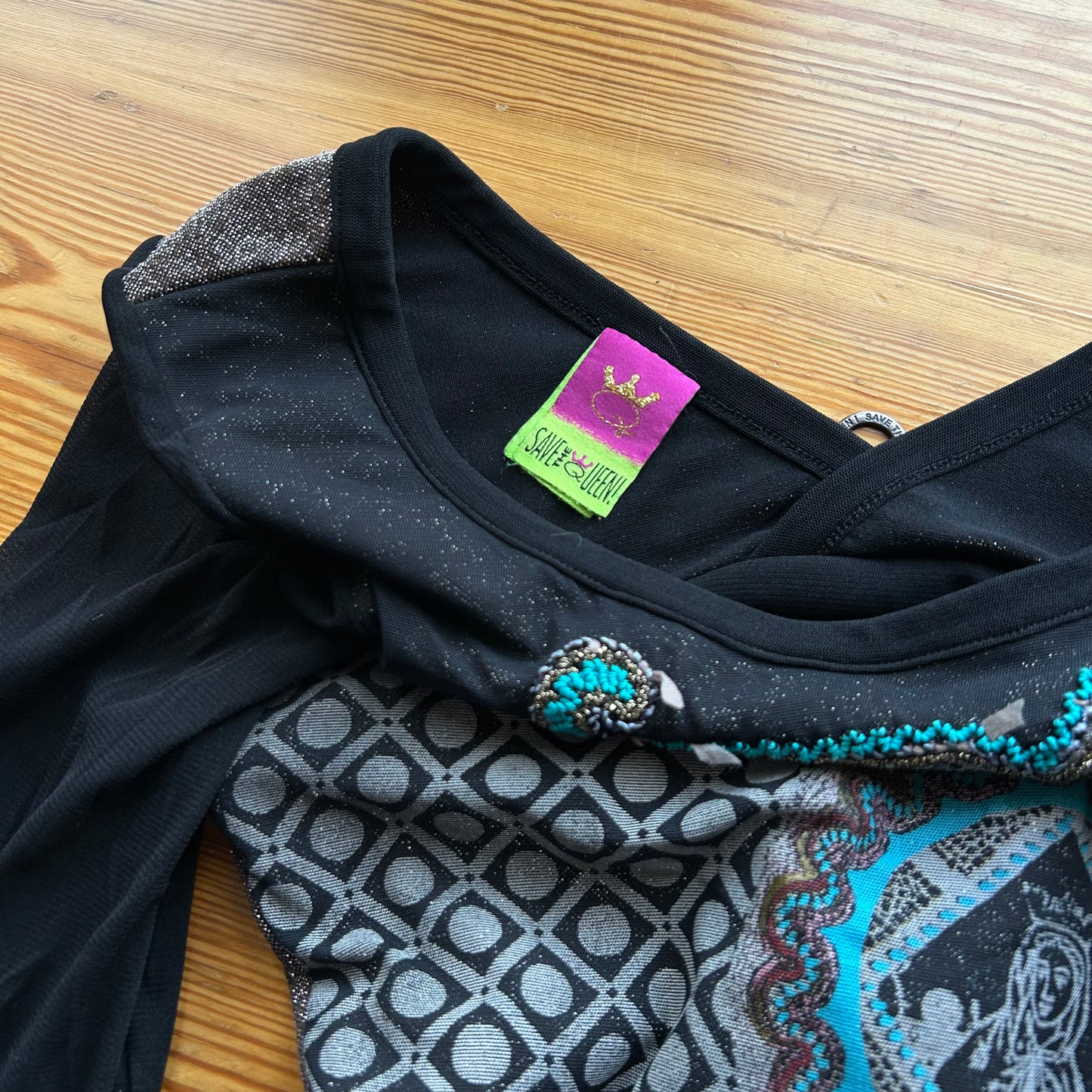 Save The Queen Graphic Mesh Long Sleeve Top - S