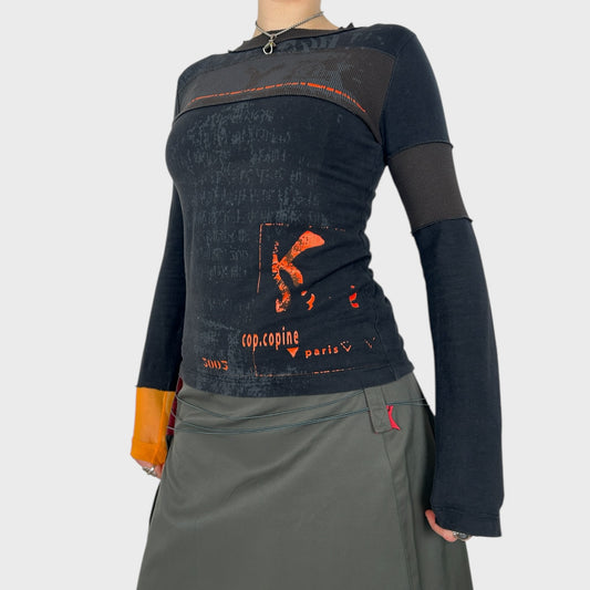 Cop Copine Grey & Orange Graphic Long Sleeve Top - S