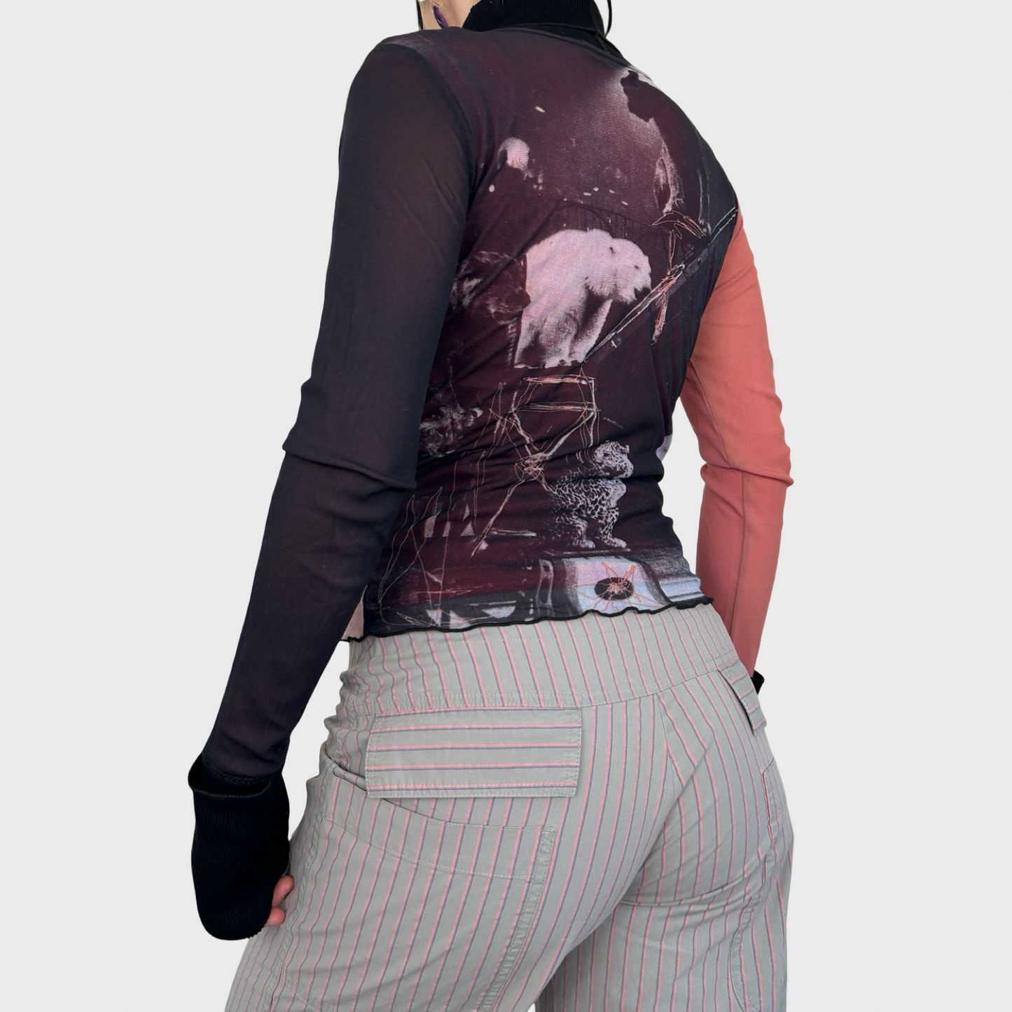Rare Cop Copine Avant-Garde Clown Print Mesh Turtleneck Top - M