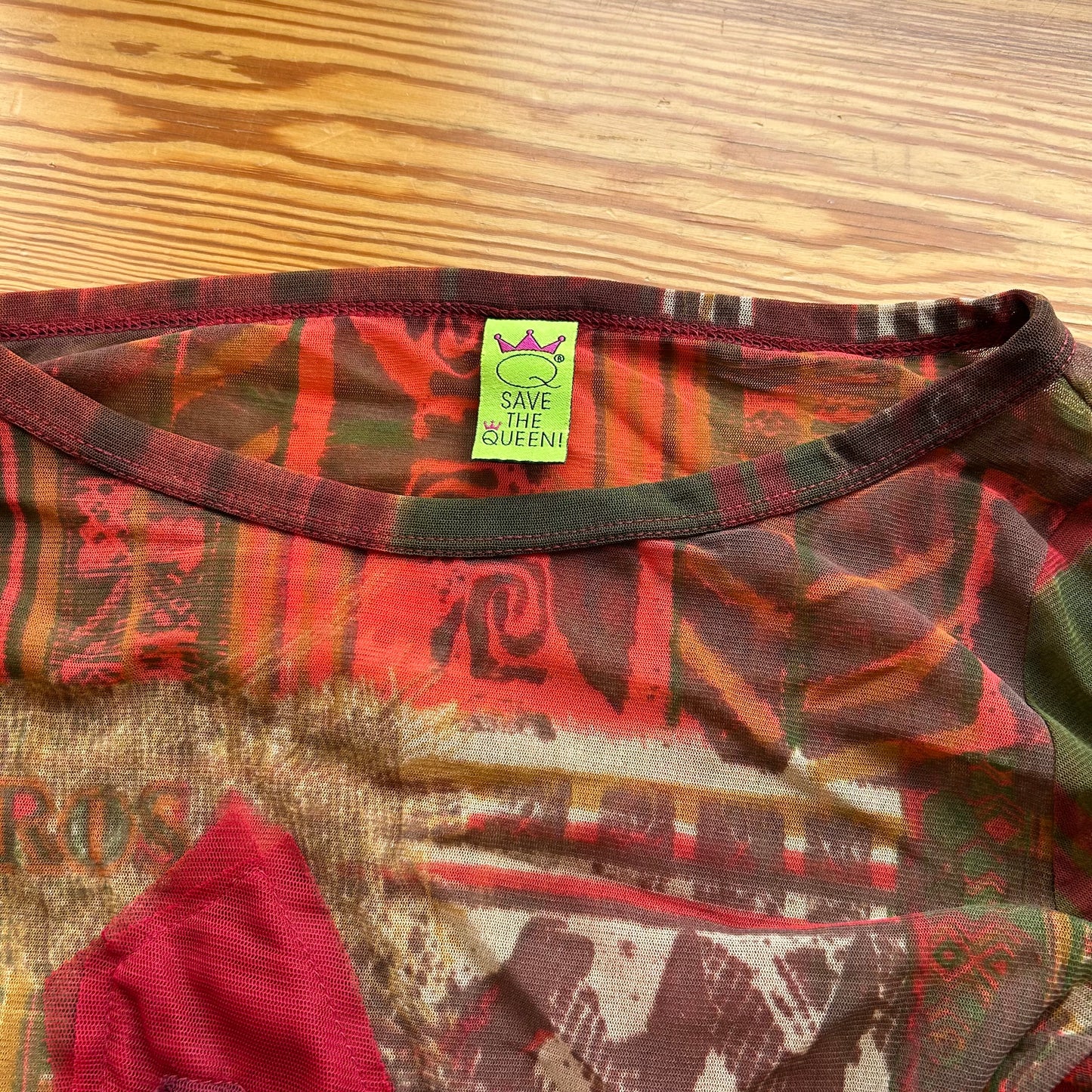 Save The Queen Red Graphic Print Mesh Long Sleeve Top - M/L