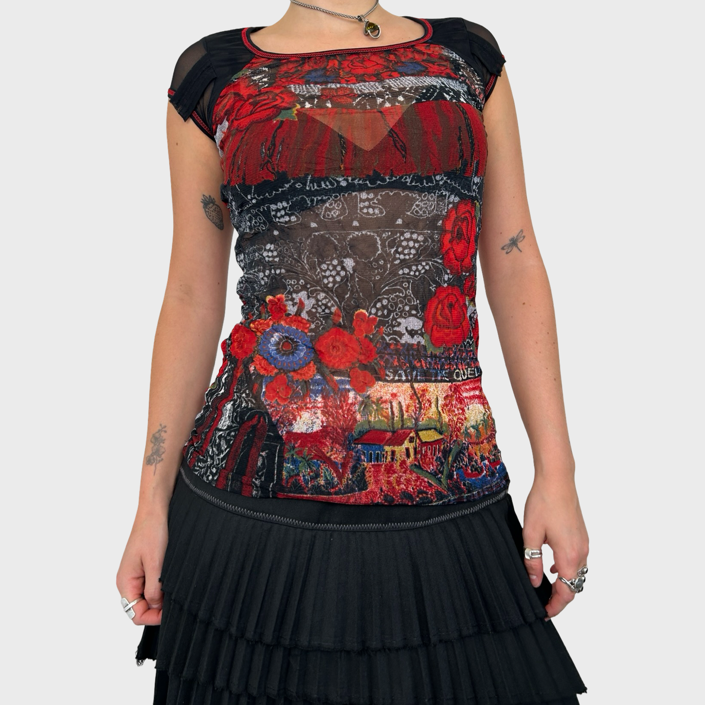 Save The Queen Red Graphic Mesh Short Sleeve Top - S