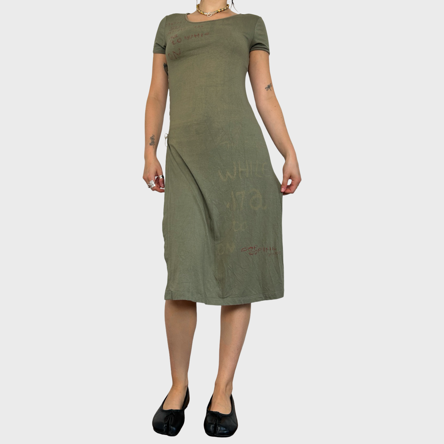 Cop Copine Khaki Faded Graphic Split Tie Side Dress - S/M