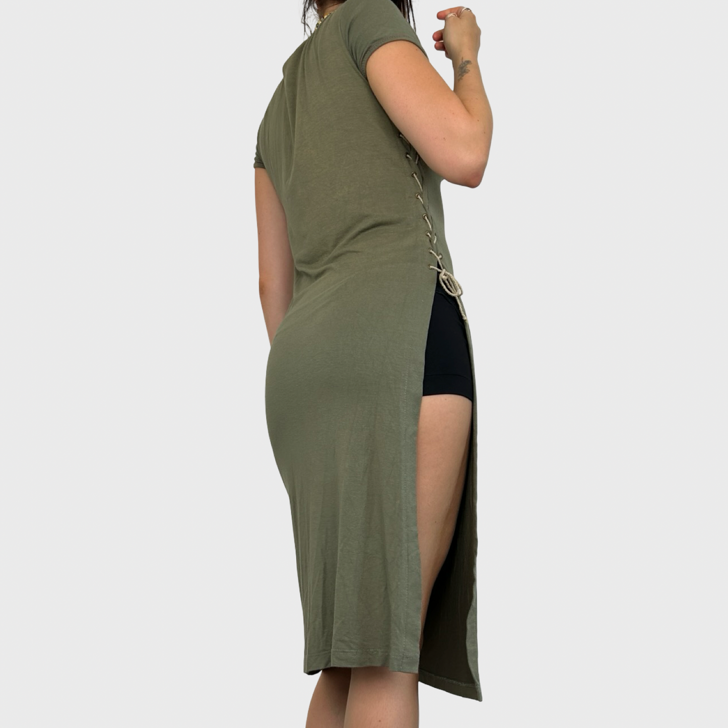 Cop Copine Khaki Faded Graphic Split Tie Side Dress - S/M