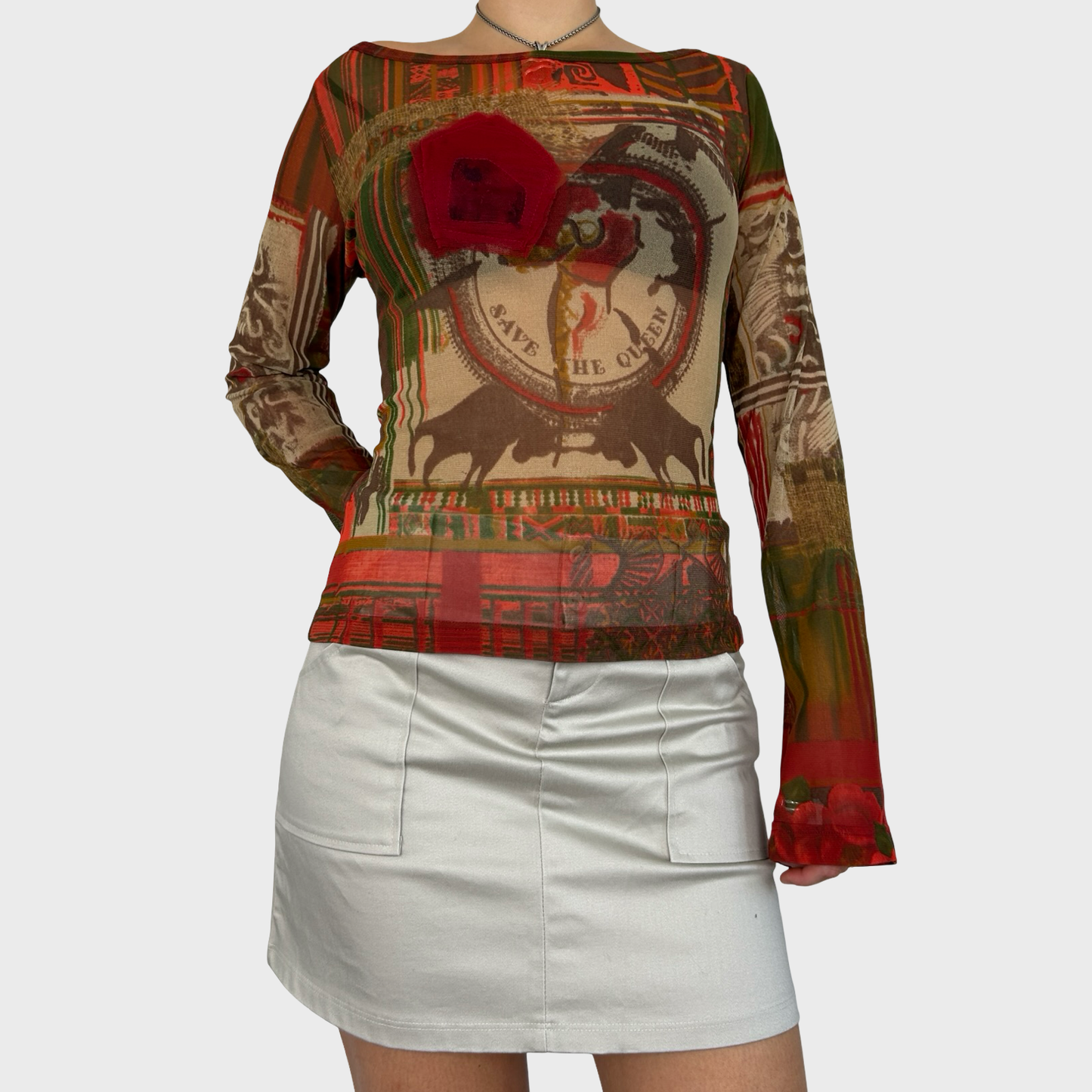 Save The Queen Red Graphic Print Mesh Long Sleeve Top - M/L