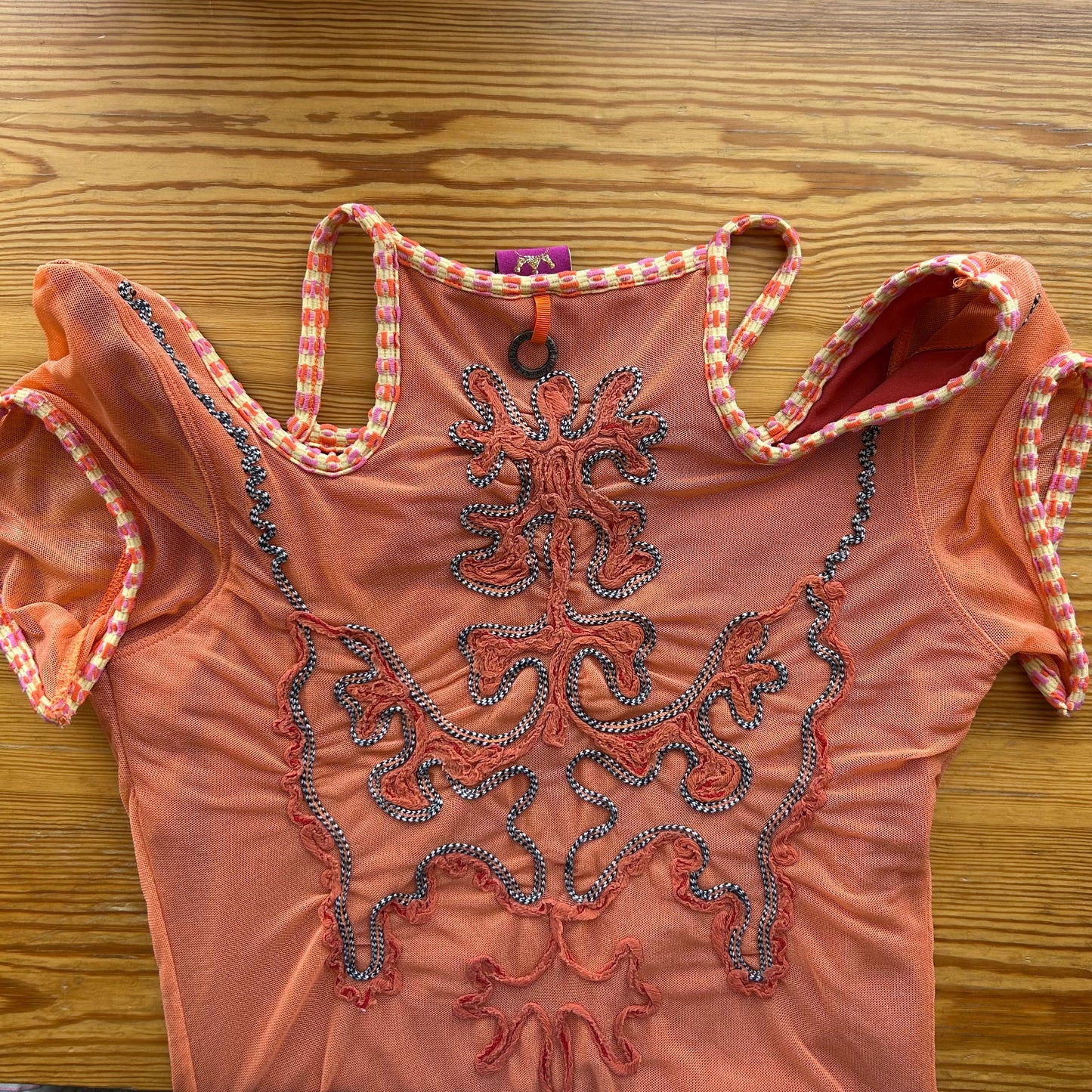 Save The Queen Orange Graphic Floral Mesh Top - M