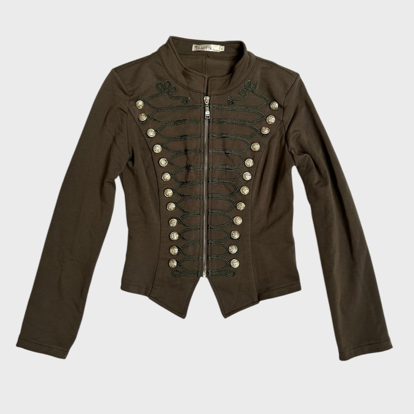 Khaki Military Style Button Zip Up Top/Jacket