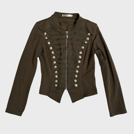 Khaki Military Style Button Zip Up Top/Jacket