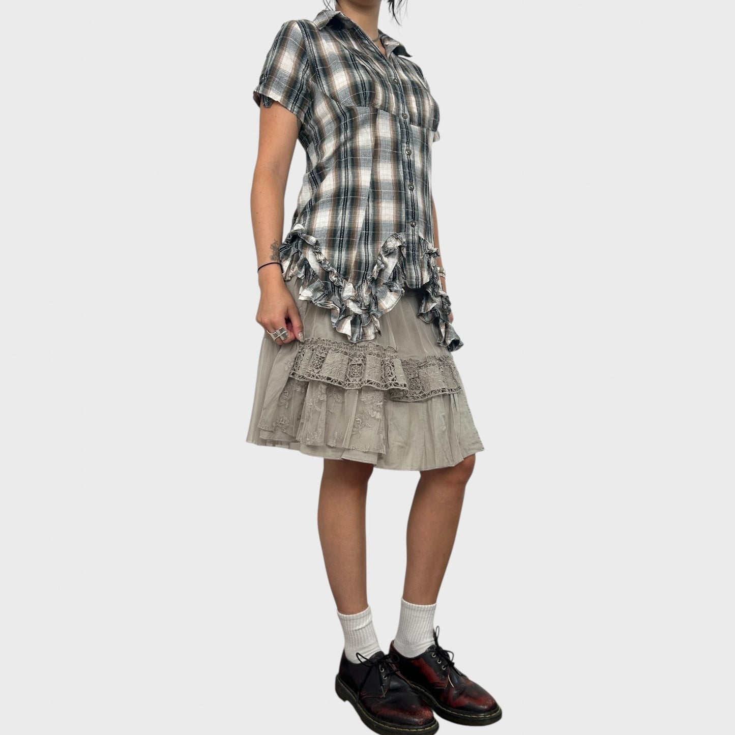 Checked Frilly Button-Up Blouse - S