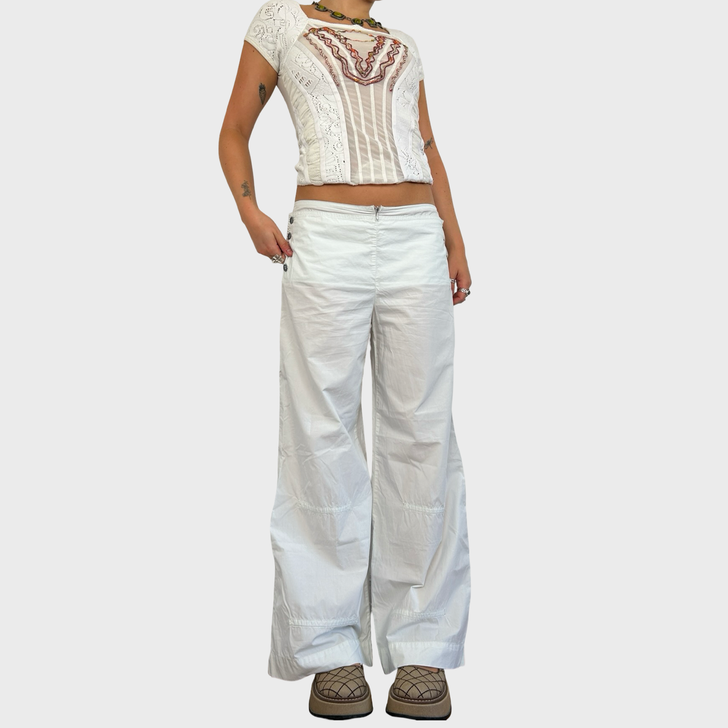 Cop Copine White Button Wide Leg Summer Trousers - M-L