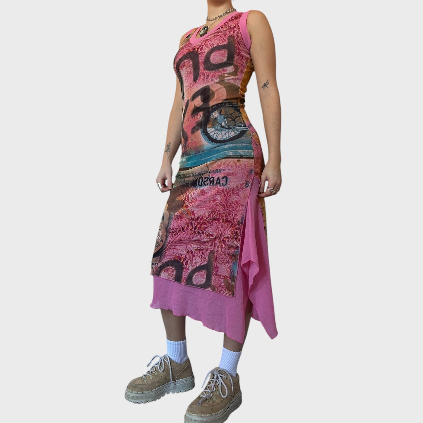 Pink Graphic Vintage Mesh Midi Dress