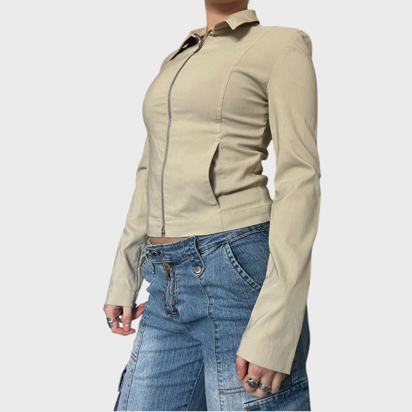 Cream fitted zip up shirt jacket