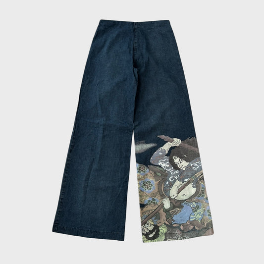 Vintage Dark Blue Wide-Leg Jeans – Japanese Graphic Detail